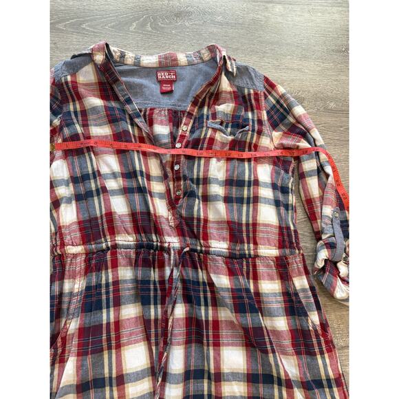 Red Ranch Plaid Tunic dress Medium long sleeve 3 Pockets tie String button - Picture 5 of 6